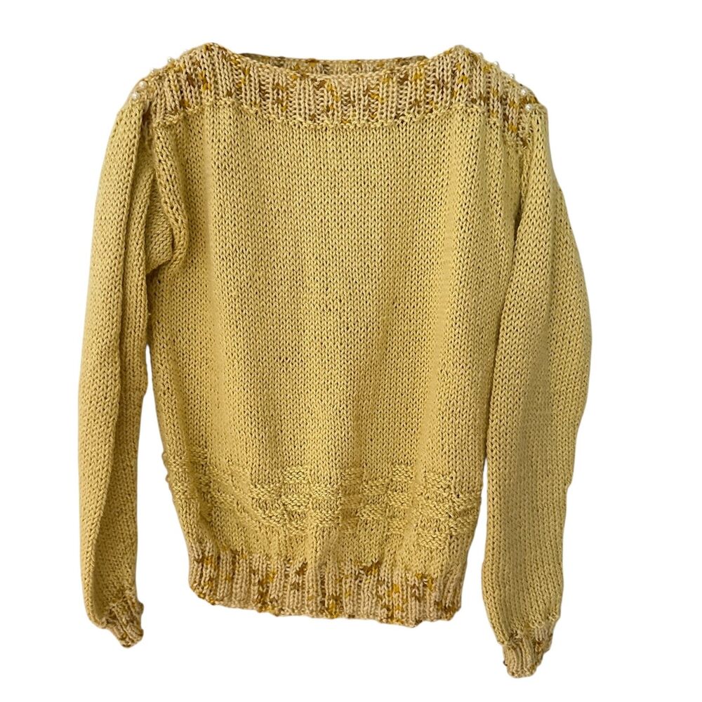 Handmade Knit Pale Yellow and Brown Square Neck Acrylic Sweater Pearls Size M